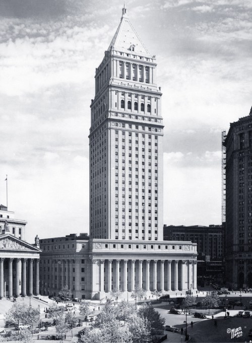Cass Gilbert's The Federal Courthouse building (United States courthouse) in 1936 (the year of its completion). Located at 40 Centre Street (Foley Square), Manhattan, New York City. In 2001, it was designated as the Thurgood Marshall United States Courthouse.Source: Wurts Brothers Photography Collection at the National Building Museum.